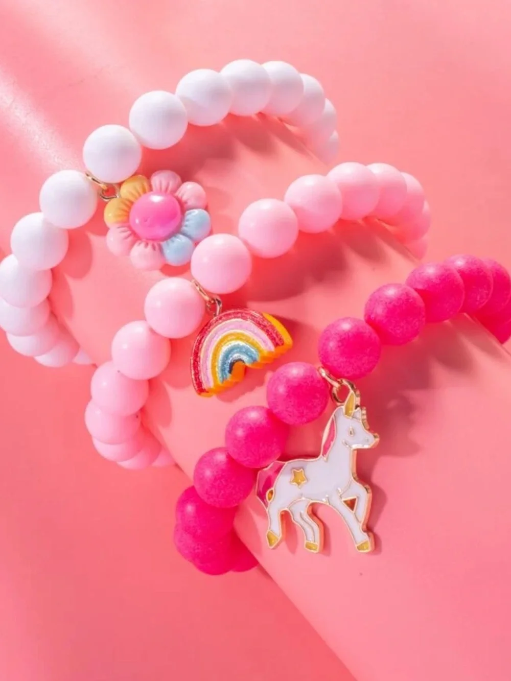 🦄🌸🌈 GIRLS 3 PIECE PINK UNICORN BRACELETS WITH UNICORN, FLOWER & RAINBOW CHARMS❗️